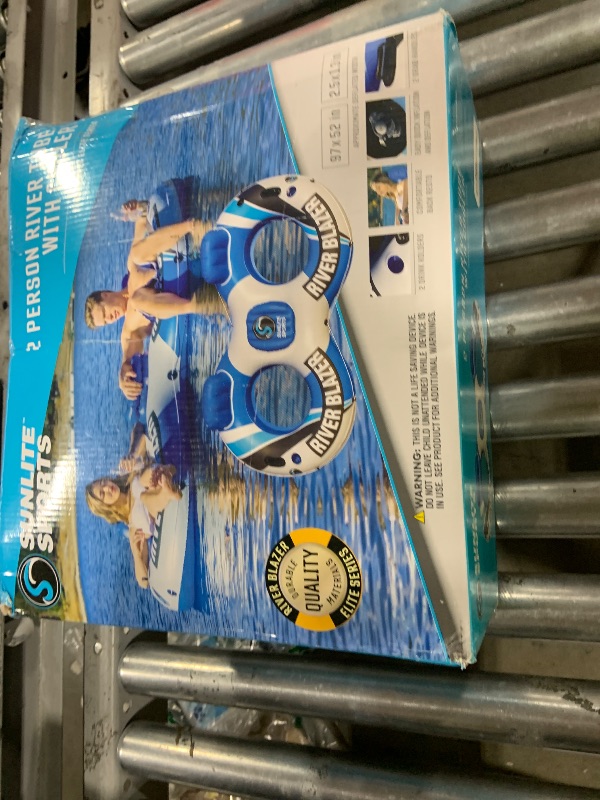 Photo 1 of Sunlite Sports 2-Person River Raft Inch Inflatable, Water Float to Lounge Above Lake and River, Outdoor Water Tube Sport Fun, Recreational Use, Water Cooler, Two Grip Handles, Cup Holder, Grab Rope