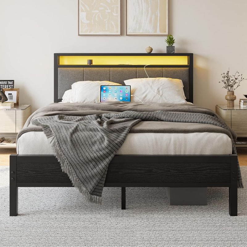 Photo 1 of Queen Size Bed Frame with LED Lights and Charging Station, Heavy Duty Metal Bed with Fabric Storage Headboard,Solid and Stable, Metal Slats Support,Mattress Foundation (Black)
