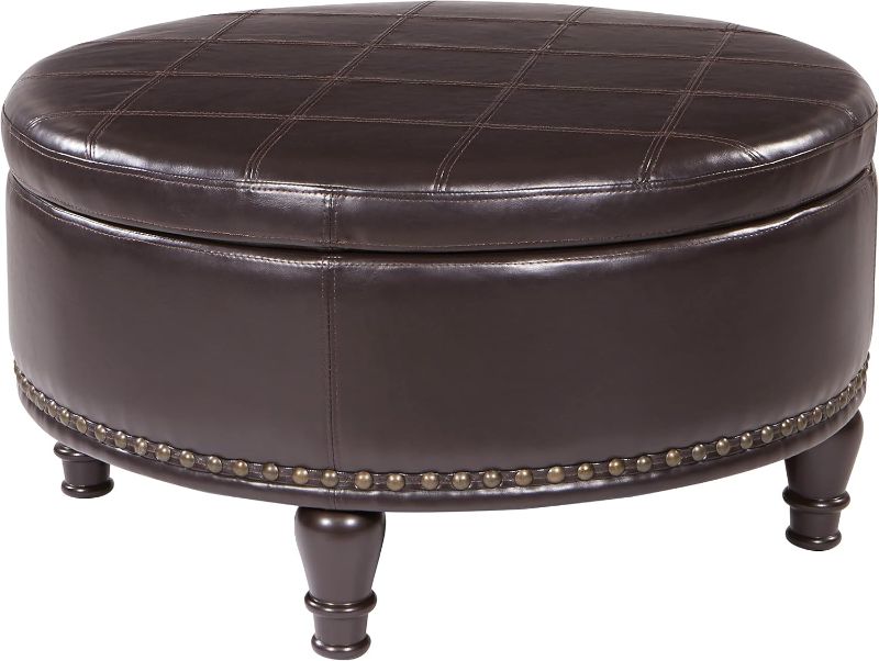 Photo 1 of INSPIRED by Bassett OSP Home Furnishings Augusta Round Storage Ottoman with Decorative Nailheads and Flip Over Lid with Serving Tray Surface, Espresso Faux Leather
