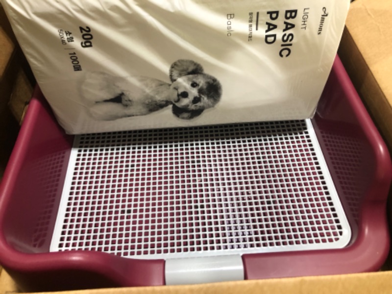 Photo 1 of PS KOREA] Indoor Dog Potty Tray – with Protection Wall Every Side for No Leak, Spill, Accident - Keep Paws Dry and Floors Clean (Wine) + Pee PAD 100 PCS