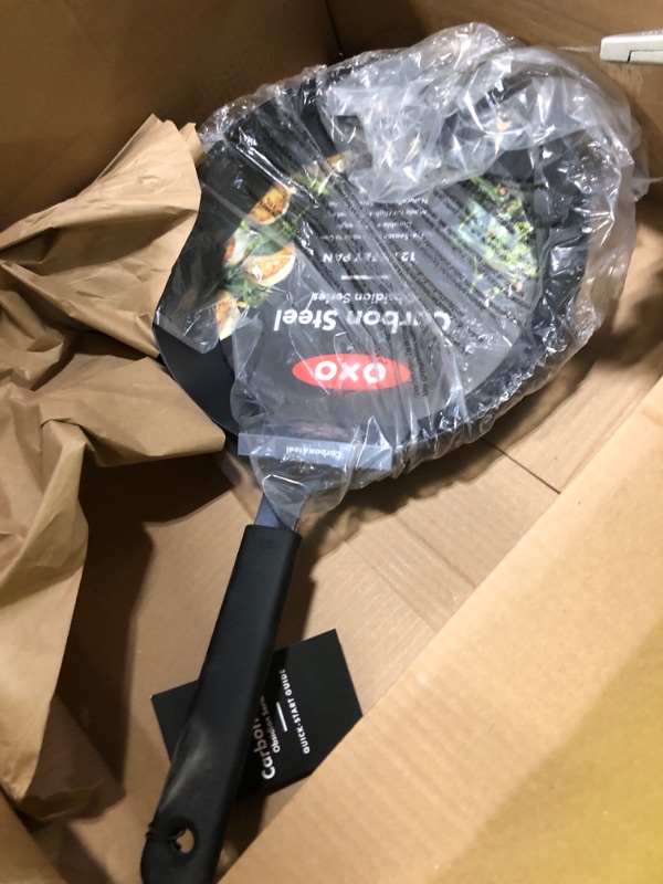 Photo 1 of OXO Obsidian Pre-Seasoned Carbon Steel, 12" Frying Pan Skillet with Removable Silicone Handle Holder, Induction, Oven Safe, Black