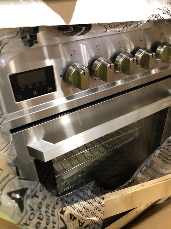 Photo 1 of RANGAIRE RRG241TS 24" Gas Range, 4 Sealed Burners, 3.0 cu. Ft. Capacity, Freestanding Slide-in Convection Oven, Easy Reach Racks, Soft Close Door, Clock and Timer, Stainless Steel