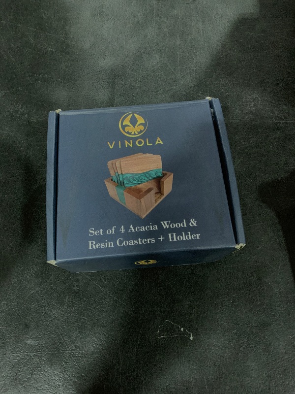Photo 1 of Vinola Rustic Wood Coasters Set of 4, Epoxy Resin, 4x4 Inches, With Holder