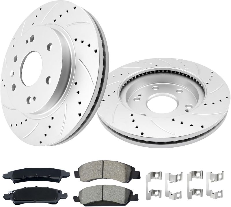 Photo 1 of Front Brakes and Rotors Geomet Drilled Slotted Replace for 14-18 Chevy Silverado 1500, 15-20 Tahoe, 15-20 Suburban, 15-20 GMC Yukon, 14-18 Sierra 1500, 580279, 55097, 88963556, 19175334, 25819670

