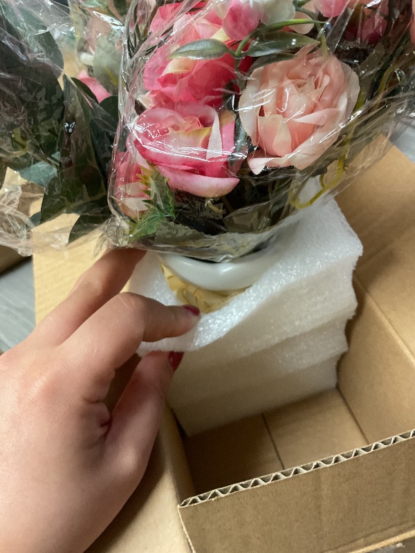 Photo 1 of LESING Artificial Silk Rose with Vase Fake Flowers Wedding Flowers Bouquets Arrangement Home Office Party Centerpiece Table Decoration (Pink)