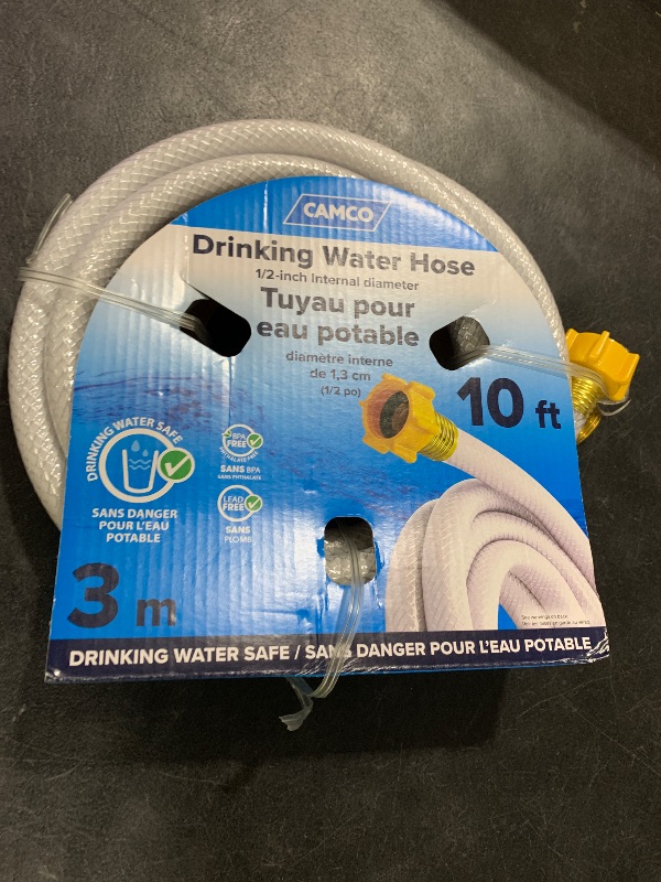 Photo 1 of Camco TastePURE 10-Ft Water Hose - RV Drinking Water Hose Contains No Lead, No BPA & No Phthalate - Features Diamond-Hatch Reinforced PVC Design - 1/2” Inside Diameter, Made in the USA (22743)