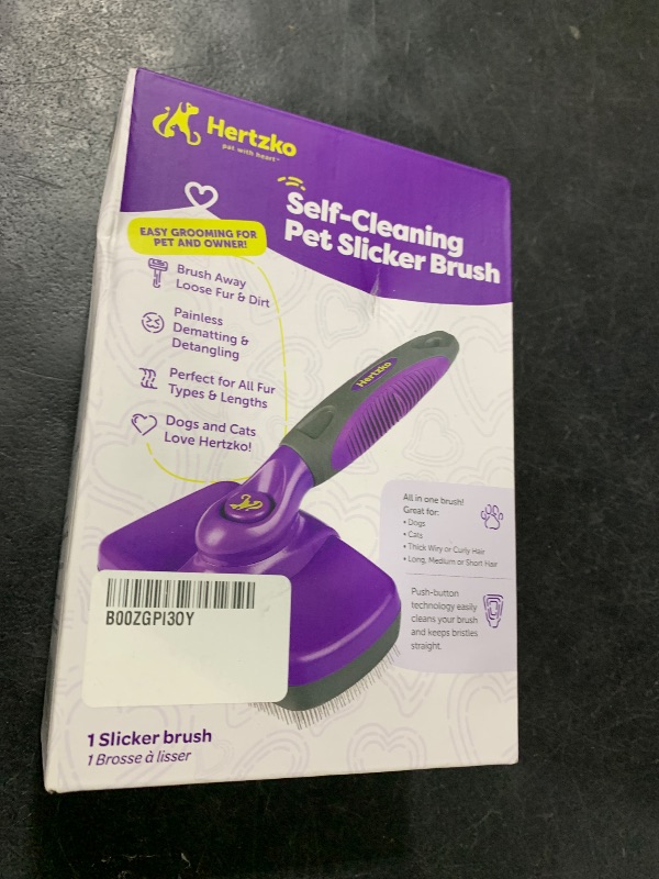 Photo 1 of Hertzko Self Cleaning Slicker Brush for Dogs and Cats - Pet Hair Brush for Shedding Long and Short Hair - Easy Clean Retractable Bristles - Cat and Dog Grooming Tool - Purple