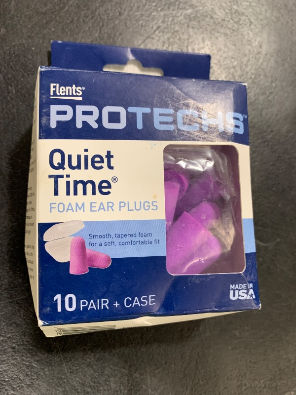 Photo 1 of Flents Protechs Foam Ear Plugs, 10 Pair with Case for Sleeping, Snoring, Loud Noise, Traveling, Concerts, Construction, Studying, Work, Shooting, NRR 33, Purple, Disposable, Made in the USA