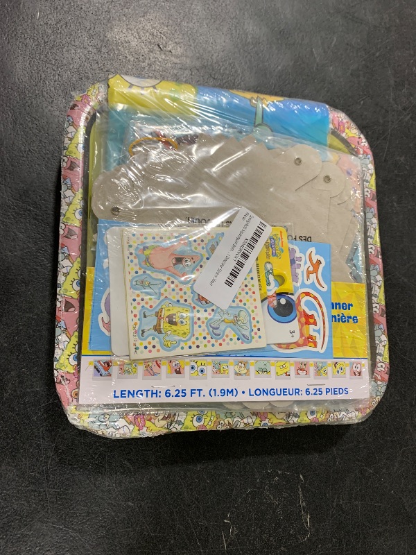 Photo 1 of Spongebob Squarepant Birthday Party Supplies Bundle Pack includes 16 Lunch Plates, 16 Lunch Napkins, 1 Table Cover, 1 Party Banner, 8 Sticker Sheets, 1 Dinosaur Sticker Sheet