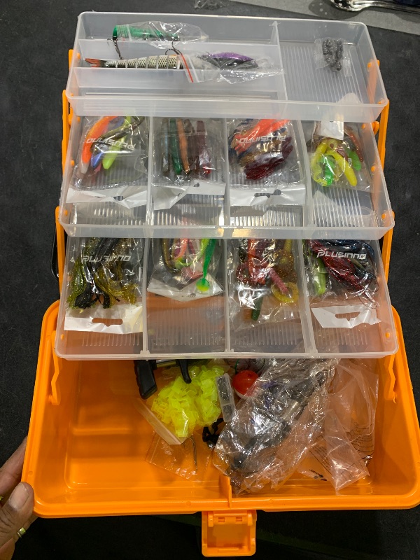 Photo 1 of PLUSINNO Large 4-Layer Tackle Box with Tackle Included, 547Pcs Fishing Lures Kit - Pliers, Crankbait, Hooks, Weights & Accessories - Freshwater Bass Fishing Bait Lure Gear and Equipment, Gift for Men