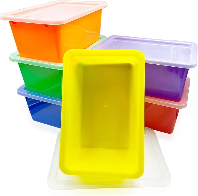 Photo 1 of 12 Piece Colored Bins with Lids, 5 Qt Plastic Cubby Bins Storage Bins Stackable Toy Bins Organizer for Classroom, Home