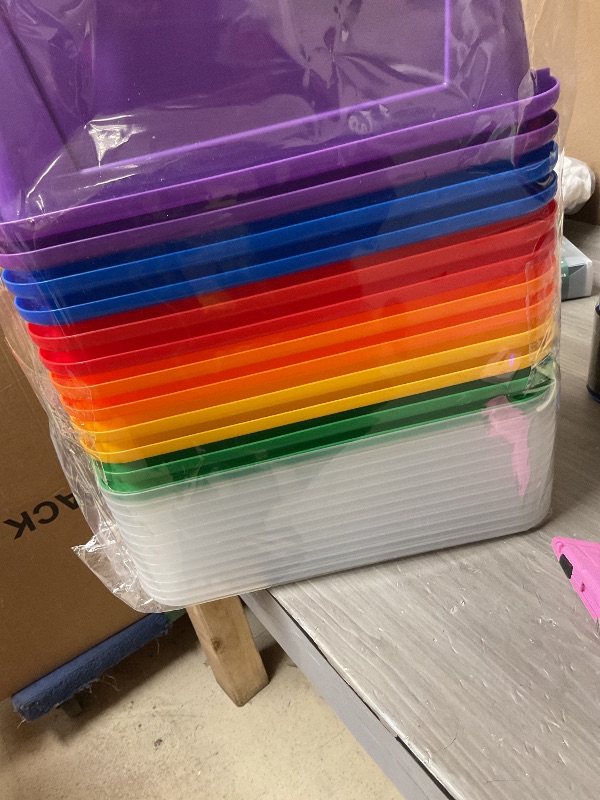 Photo 1 of 12 Piece Colored Bins with Lids, 5 Qt Plastic Cubby Bins Storage Bins Stackable Toy Bins Organizer for Classroom, Home