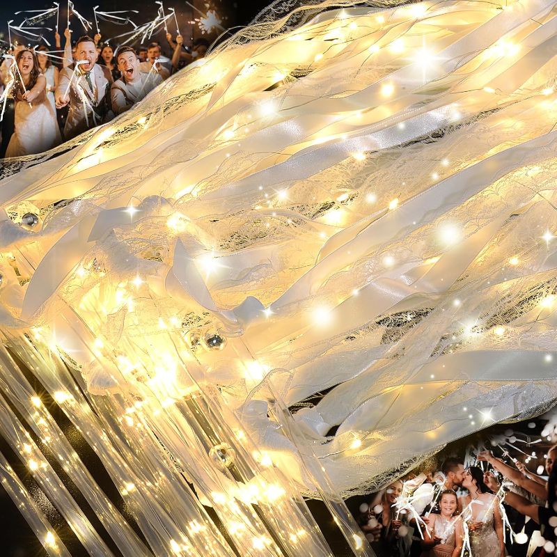 Photo 1 of 100pcs  Wands for wedding, Wedding Wands Streamers with 3 Colorful Flashing Modes, Fairy Wands, LED Silk Fairy Wand with Bells for Wedding, New Year, Thanksgiving, Concert