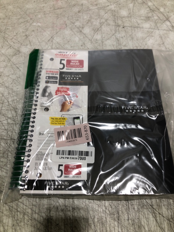 Photo 1 of Five Star Spiral Notebook + Study App, 5 Subject, Wide Ruled Paper, 8" x 10-1/2", 200 Sheets, Fights Ink Bleed, Water Resistant Cover, Black (72045)