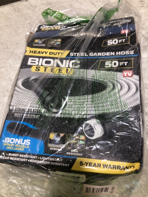 Photo 1 of BIONIC STEEL 50 Ft Metal Garden Hose with Sprayer Nozzle, Non Kinking Designed Stainless Steel Heavy Duty Water Hose 50Ft x 5/8 in. Ultra Flexible NON Expandable for Uninterrupted Water Flow, 500 PSI