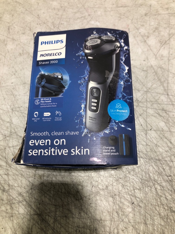 Photo 1 of Philips Norelco Shaver 3900 Series, Wet and Dry Electric Shaver, P-Cap, Travel Pouch, Charging Stand, Storm Blue, Model S3341/92