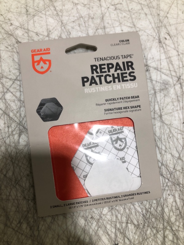 Photo 1 of GEAR AID Tenacious Tape Hex 2.5” and 1.5” Shapes, Nylon Outdoor Fabric, Vinyl Repair Patches, Peel-and-Stick to Fix Holes and Burns in Down Jackets, Rain Gear, Tents, Tarps and More, Clear, 4 Patches