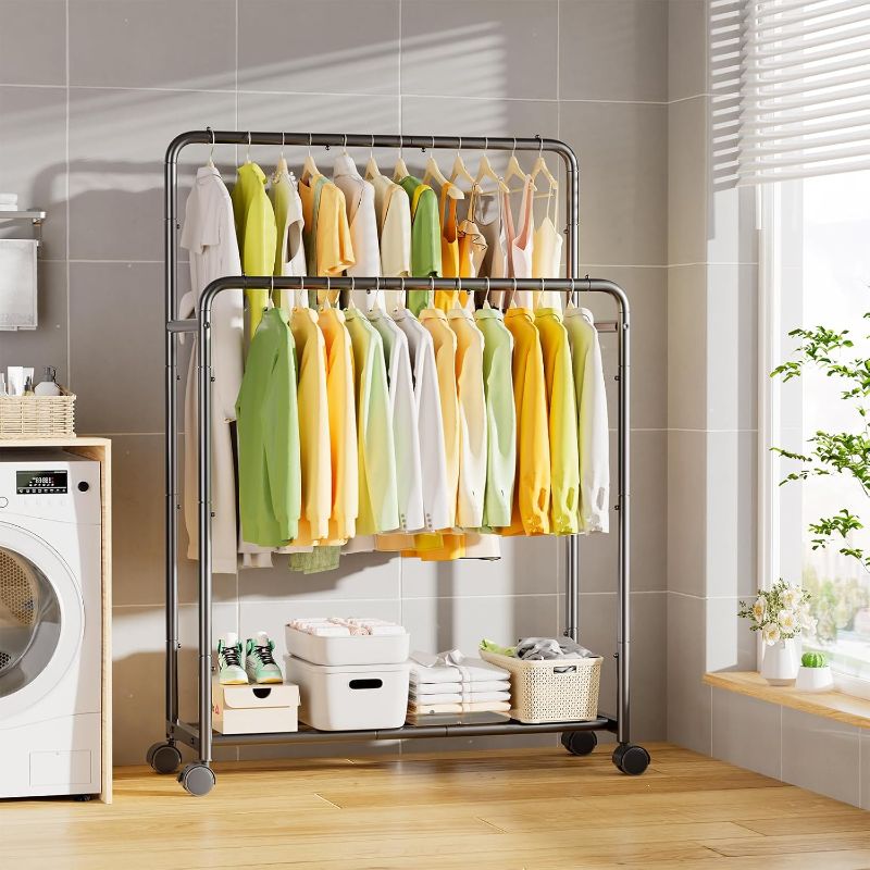 Photo 1 of Simple Trending Clothing Clothes Rack Double Rods with Wheels, Rolling Metal Garment Rack for Hanging, Black