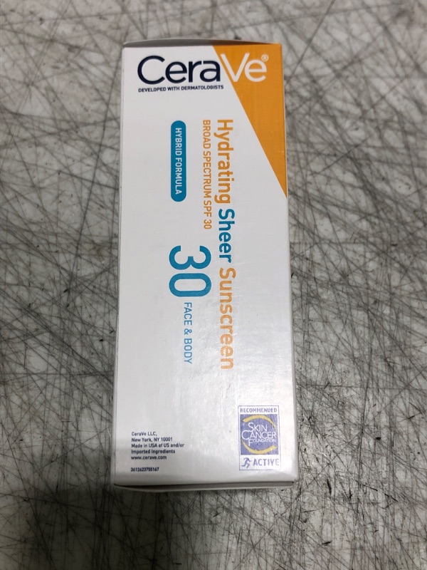 Photo 1 of CeraVe Hydrating Sheer Sunscreen with SPF 30 for Face and Body, Mineral & Chemical Sunscreen for Men & Women with Zinc Oxide, Hyaluronic Acid and Ceramides, Paraben-Free + Fragrance-Free, 3 Ounces