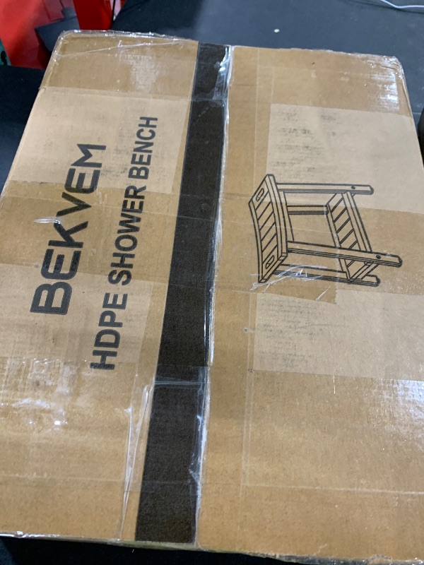 Photo 1 of BEKVEM Shower Bench for Inside Shower - White HDPE Shower Stool Waterproof - Spa Bathroom Seat Chair with Handle, Storage Shelf, Adjustable Feet - Indoor/Outdoor, Weather Resistant