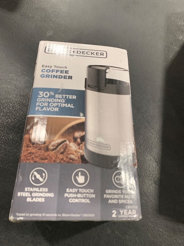 Photo 1 of BLACK+DECKER One Touch Coffee Grinder, 2/3 Cup Coffee Bean Capacity, Spice Grinder, One Touch Push-Button Control -150 Watts -Stainless Steel Blades