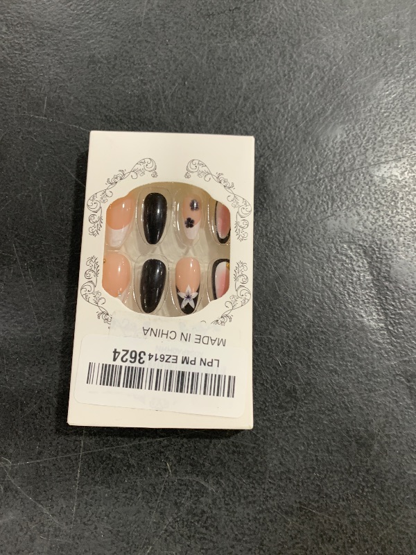 Photo 1 of 24Pcs Black Press on Nails Medium Almond Fake Nails with 3D Gold Beads Designs Summer Flower Acrylic Nails Black Floral Glue on Nails French Tip False Nails Solid Color Stick on Nails for Women
