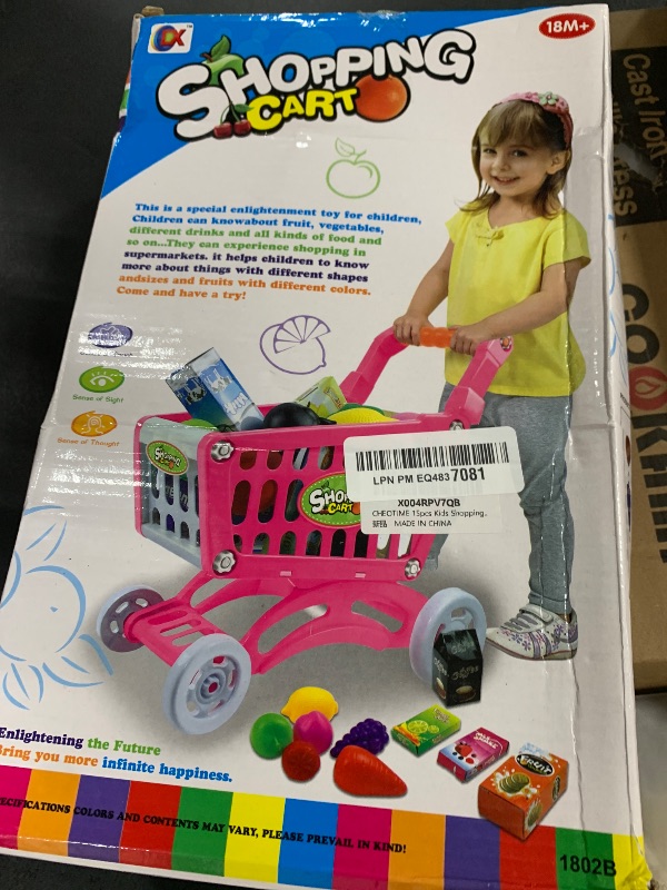 Photo 1 of CHEOTIME 15pcs Kids Shopping Cart Trolley Play Set, Supermarket Playset with Pretend Food and Accessories for Ages 3+ and Role Playing Games Learning Development (Pinkish Color) (Blue)