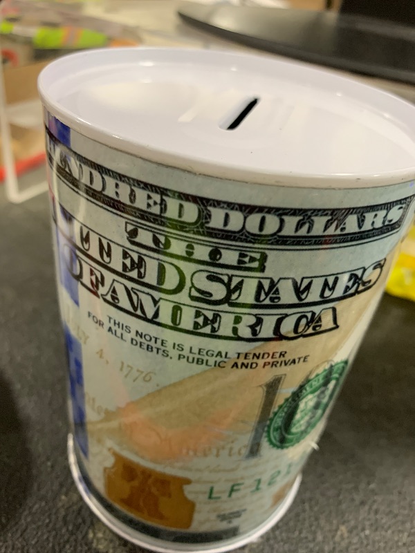 Photo 1 of $100 Dollar Bill Piggy Bank 5 7/8" Tall Coin Saving Money Currency Benjamin Franklin Tin Can Banknote Jar (1 Pack, 5 7/8" X 4")