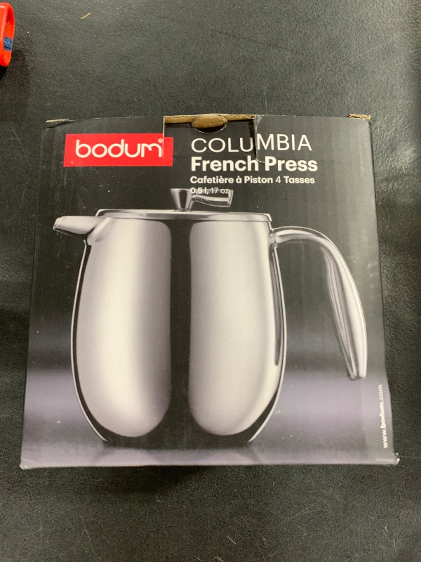 Photo 1 of Pitcher only. Missing lid and french press mechanism------------------------------------------------------------Bodum 17 oz Columbia Thermal French Press Coffee Maker, Insulated Double Wall Stainless Steel, Chrome