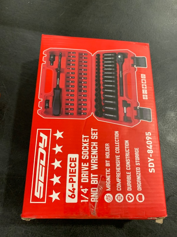Photo 1 of 64-Piece 1/4" Drive Impact Socket Wrench Driver-Bits Set, Cr-V Metric&SAE Deep and Shallow Socket Set, S2 Power Bits with Quick-Release Ratchet Handle, Universal Joint, Bit Holder, Power Drill Adapter