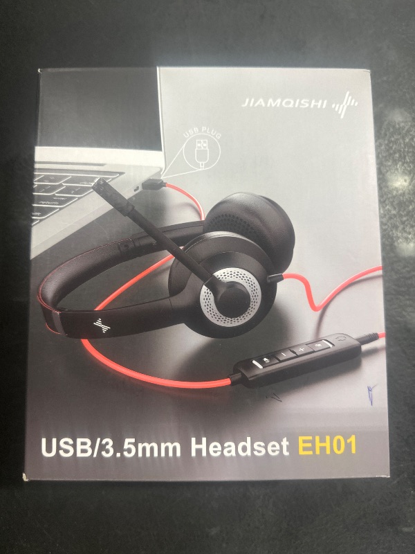 Photo 1 of JIAMQISHI USB Headset with Microphone for PC, On-Ear Computer Laptop Headphones with Noise Cancelling Microphone in-line Control for Home Office Online Class Skype Zoom (USB+3.5mm, Black)