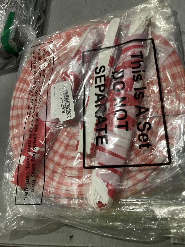 Photo 1 of Hortsun 18 Pcs Red Gingham Party Supplies Include Checkered Paper Lanterns Plastic Tablecloth Pennant Banner Hanging Paper Fans for Picnic BBQ Baby Shower Birthday Wedding Family Dinner