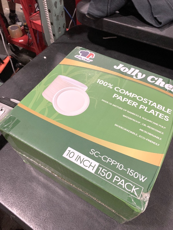 Photo 1 of JOLLY CHEF 100% Compostable Paper Plates, 150 Pack 10 Inch Heavy Duty Plates, Disposable Biodegradable Eco-Friendly Sugarcane, Bulk White