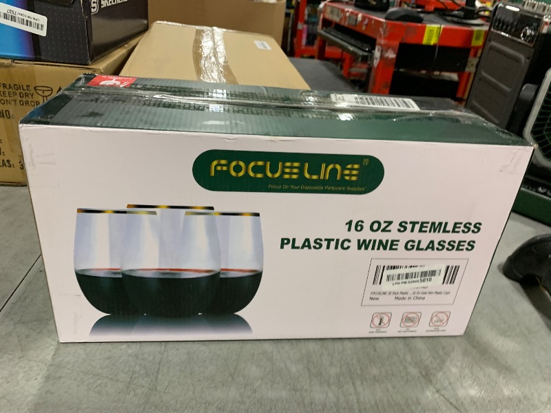 Photo 1 of FOCUSLINE 20pcs 16 Oz Plastic Wine Glasses, Stemless Gold Rim, Heavy Duty Disposable Drinking Cups, Reusable Shatterproof for Party & Wedding