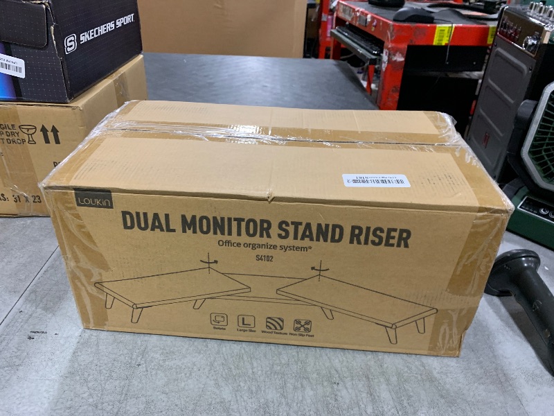 Photo 1 of loukin Dual Monitor Stand Riser for Desk, 43.6"*8.2"*3.2" Large Computer Stand for 2 Monitors, Laptop, Printer, Length and Angle Adjustable Computer Shelf, Home Office,Max 43.6" Length Natural