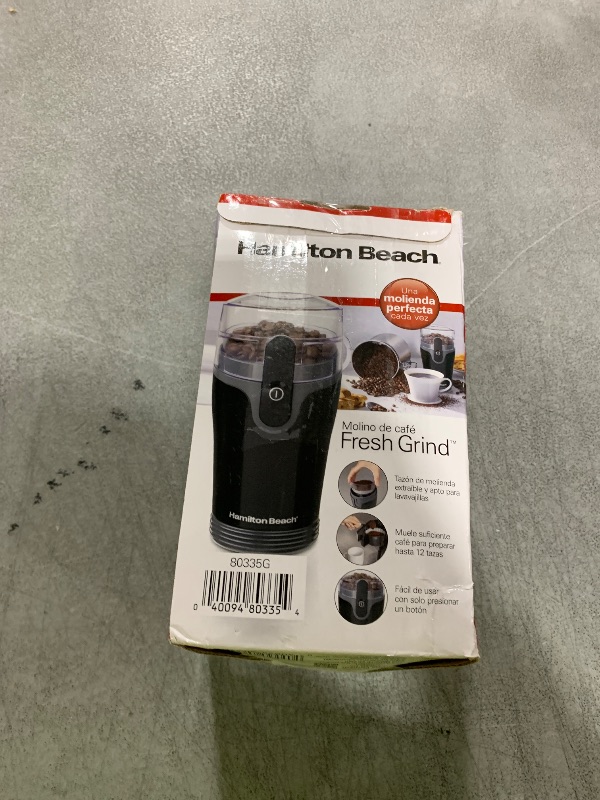 Photo 1 of Hamilton Beach Fresh Grind Electric Coffee Grinder for Beans, Spices and More, Stainless Steel Blades, Removable Chamber, Makes up to 12 Cups, Black