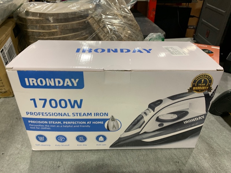 Photo 1 of IRONDAY Steam Iron for Clothes Rapid Heating, 1700W Iron with Non-Stick Ceramic Soleplate, 3-Way Auto-Off, Burst of Steam, Self-Cleaning, 14.07oz Water Tank Ironing Clothes for Home, Grey