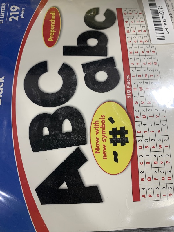 Photo 1 of Carson Dellosa 219-Piece Black Cutout Letters, 4" Upper and Lowercase Alphabet, Numbers, Punctuation, and Symbols for Bulletin Board, Posterboard, Party, and Classroom Decor