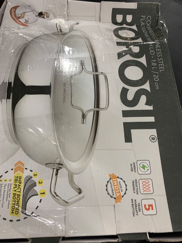 Photo 1 of Borosil Stainless Steel Flat Kadhai with lid Impact Bonded Tri-Ply Bottom 1.8 L Silver