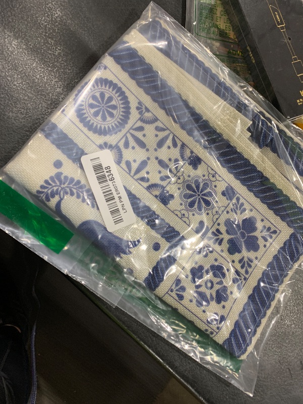 Photo 1 of Artoid Mode Floral Bird Dia De Los Muertos Mexican Table Runner, Blue Patchwork Tiles Kitchen Dining Table Decoration for Home Party Decor 13x60 Inch