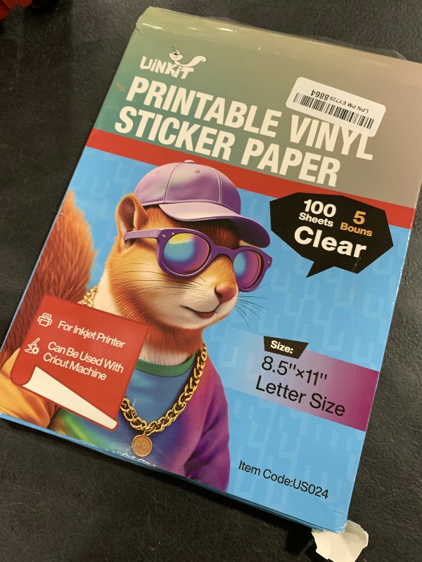 Photo 1 of Uinkit 105Sheets Premium 90% Clear Vinyl Sticker Paper for Inkjet Printer - Include 100 Sheets Clear and 5Sheets Glossy Label Waterproof, Dries Quickly Vivid Colors, Holds Ink Well