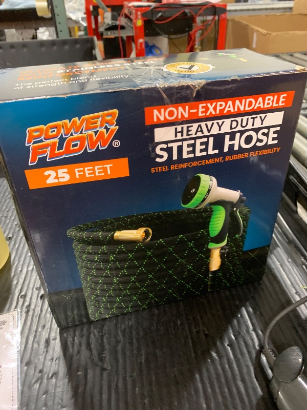 Photo 1 of PowerFlow Garden Hose, NON-EXPANDABLE 25 Feet Premium Quality Stainless Steel Metal Water Hose with Durable Fabric Skin, Hose For Commercial, Residential Use, Bonus 10-way Spray Nozzle (25 Ft, Black)