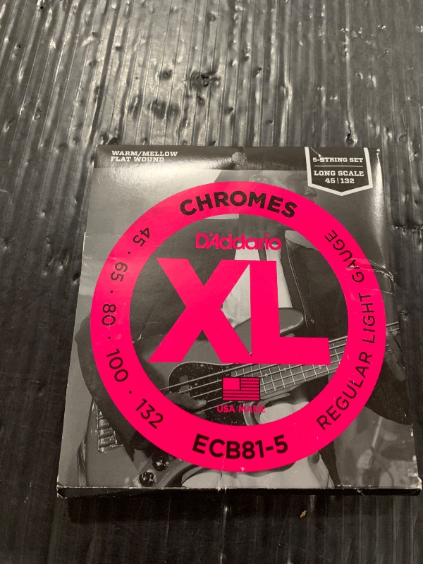 Photo 1 of D'Addario XL Chromes Flat Wound Bass Guitar Strings - ECB81-5 - 5 String - Long Scale - Regular Light, 45-132