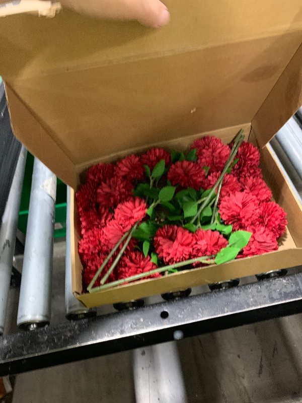 Photo 1 of Floweroyal 24pcs Artificial Chrysanthemum Ball Flower, Fake Mums Silk Hydrangea Bridal Wedding Bouquet for Home Garden Party Office Coffee House Decoration (Red)
