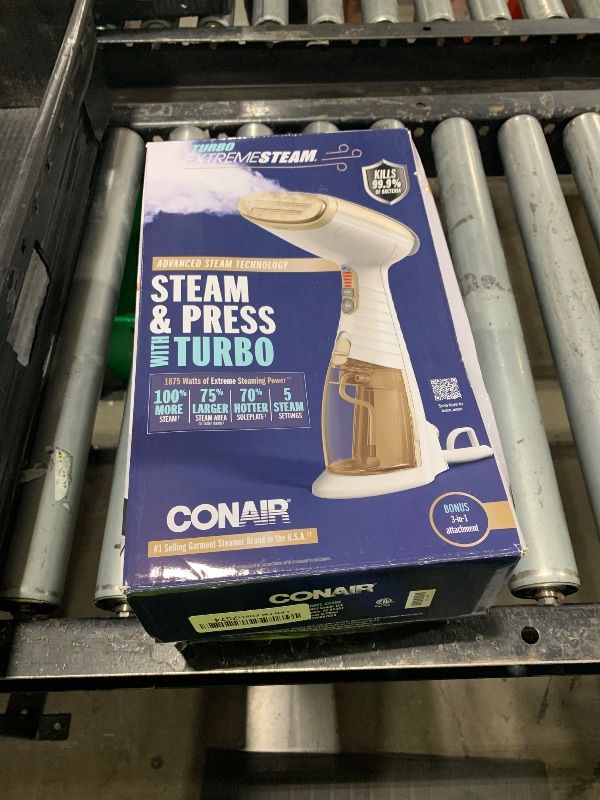 Photo 1 of Conair Handheld Garment Steamer for Clothes, Turbo ExtremeSteam 1875W Fabric Steamer, Portable Handheld Design, Strong Penetrating Steam, White/Champagne