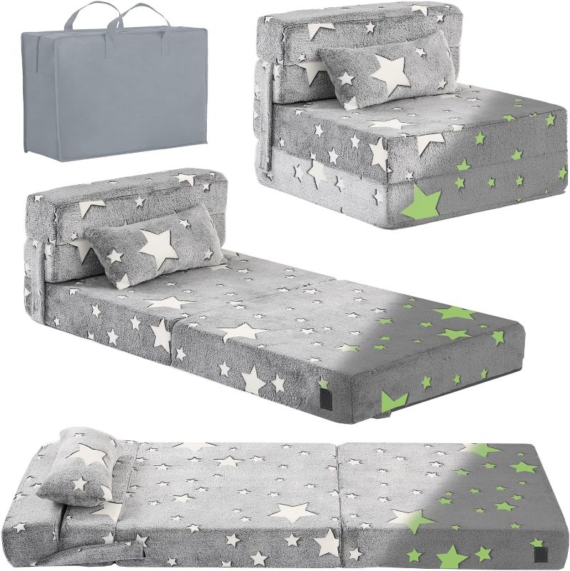 Photo 1 of Tiita Kids Folding Sofa Bed Floor Mattress, Trifold Futon Mattress Kids Fold Up Bed, Toddler Fold Out Couch, Foldable Toddler Floor Bed Nap Mat with Storage Bag, Grey Star

