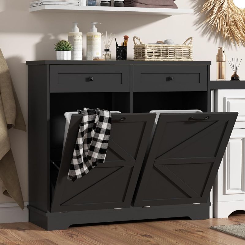 Photo 1 of 20 Gallon Tilt Out Trash Can Cabinet, Farmhouse Double Kitchen Trash Can Cabinet with Negative ion and Charging Station, Dog Proof Garbage Can for Kitchen, Hallway, Living Room, Black