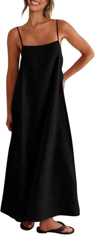 Photo 1 of Shy Velvet Women's 2025 Summer/Fall Linen Maxi Dress Contrast Spaghetti Strap Dress Casual Party Slip Dresses with pockets Size Small