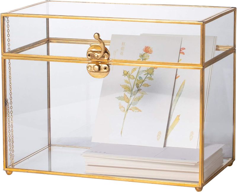 Photo 1 of NCYP Small Glass Card Box with Lid for Wedding Reception - 9.8" x 5.6" x 7.7" - Rectangle Storage Terrarium for Party Wishwell Keepsake, Gold, Tabletop Decor (Glass Box Only, No Slot, No Lock)