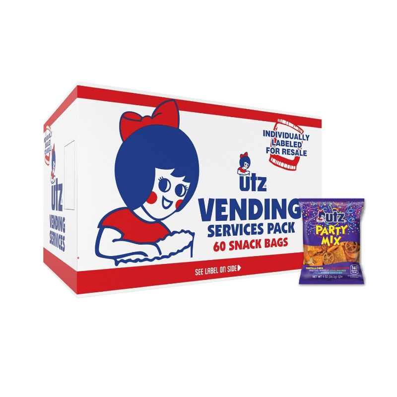 Photo 1 of Utz Party Mix – 1 oz. Bags (60 Count) Tasty Snack Mix of Corn Tortilla, Nacho Tortilla, Pretzel, BBQ Corn Chip and Cheese Curl, Perfect for Vending Machines, Individual Snacks to Go, Trans-Fat Free EXP AUGUST 25, 2025